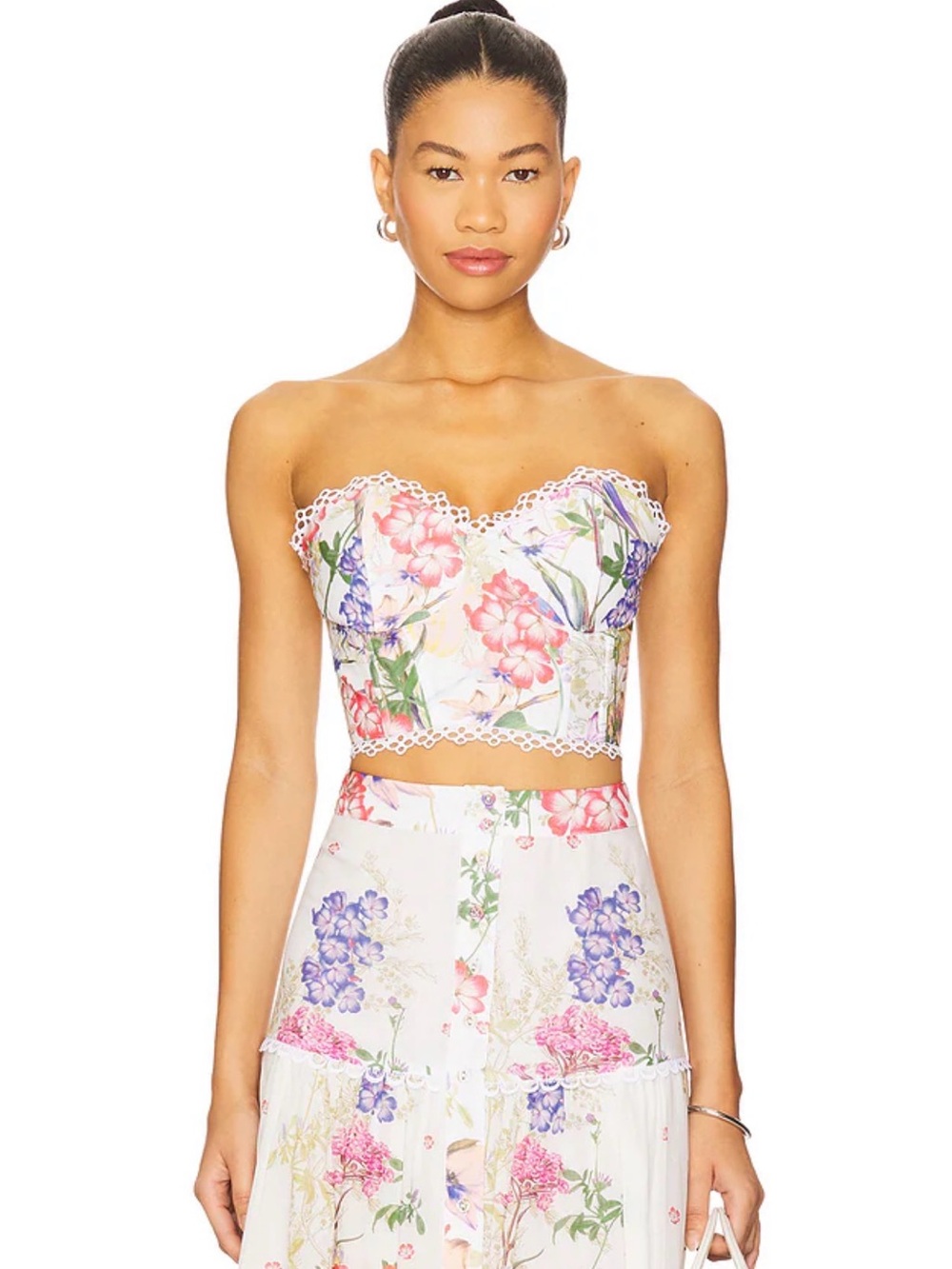 Charo Ruiz White Floral Lace-Trim Strapless Crop Top